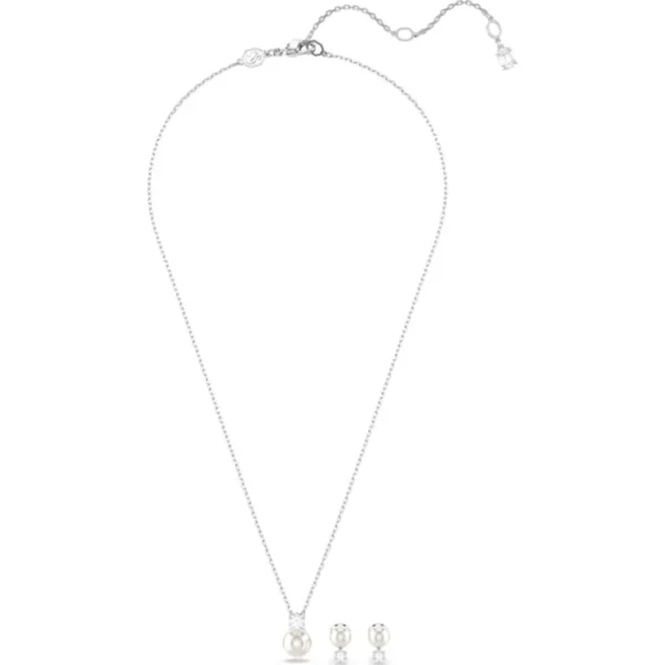 Swarovski Matrix set Ronde slijpvorm Crystal Pearl Ketting met oorbellen Zilver/Wit 5689624